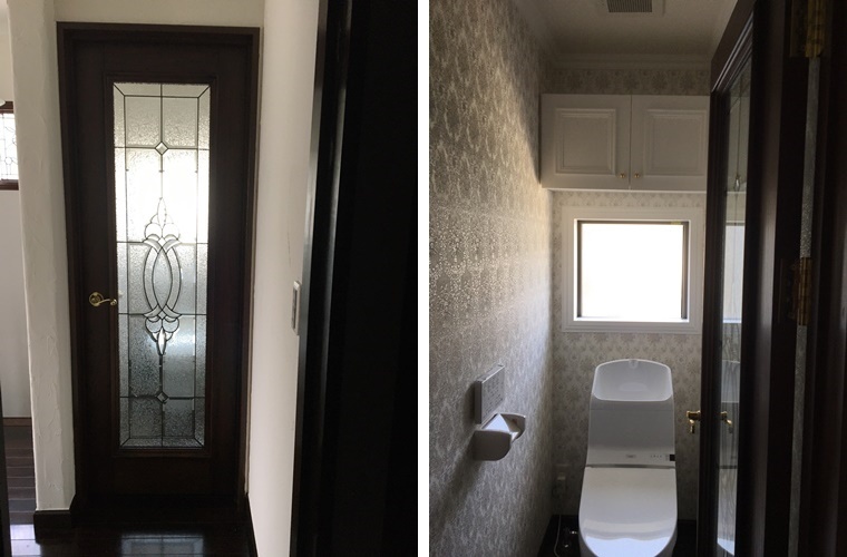 トイレ入り口の全面ステンドグラスドアと花柄クロス&天井・窓回りモールディング装飾の可愛らしいトイレ内部