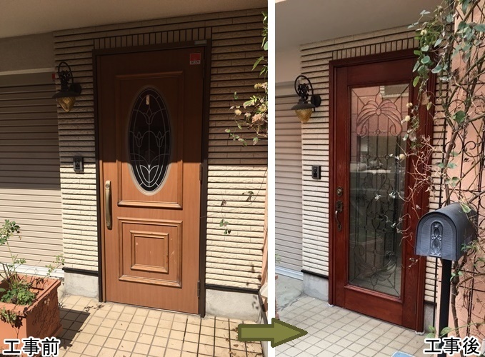 玄関ドアを赤茶色と木目が美しい全面ステンドグラスドアへ交換工事