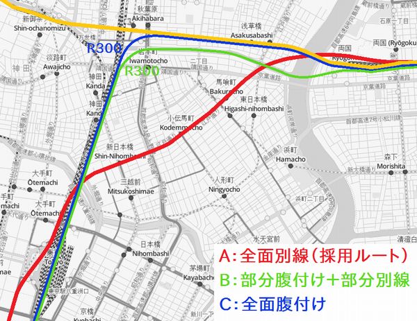 検討された東京～両国間の線増ルート