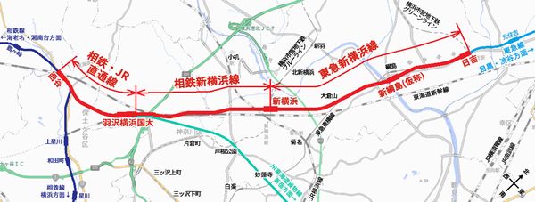 （再掲）神奈川東部方面線の位置。羽沢横浜国大～日吉間は「新横浜線」と命名され、新横浜駅を境に南側が相鉄、北側が東急の運営範囲とされた。。